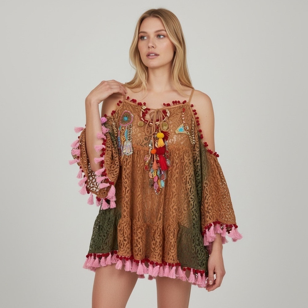 ANTICA SARTORIA  Ombre Lace Beaded Tassle Southwestern Tunic NEW